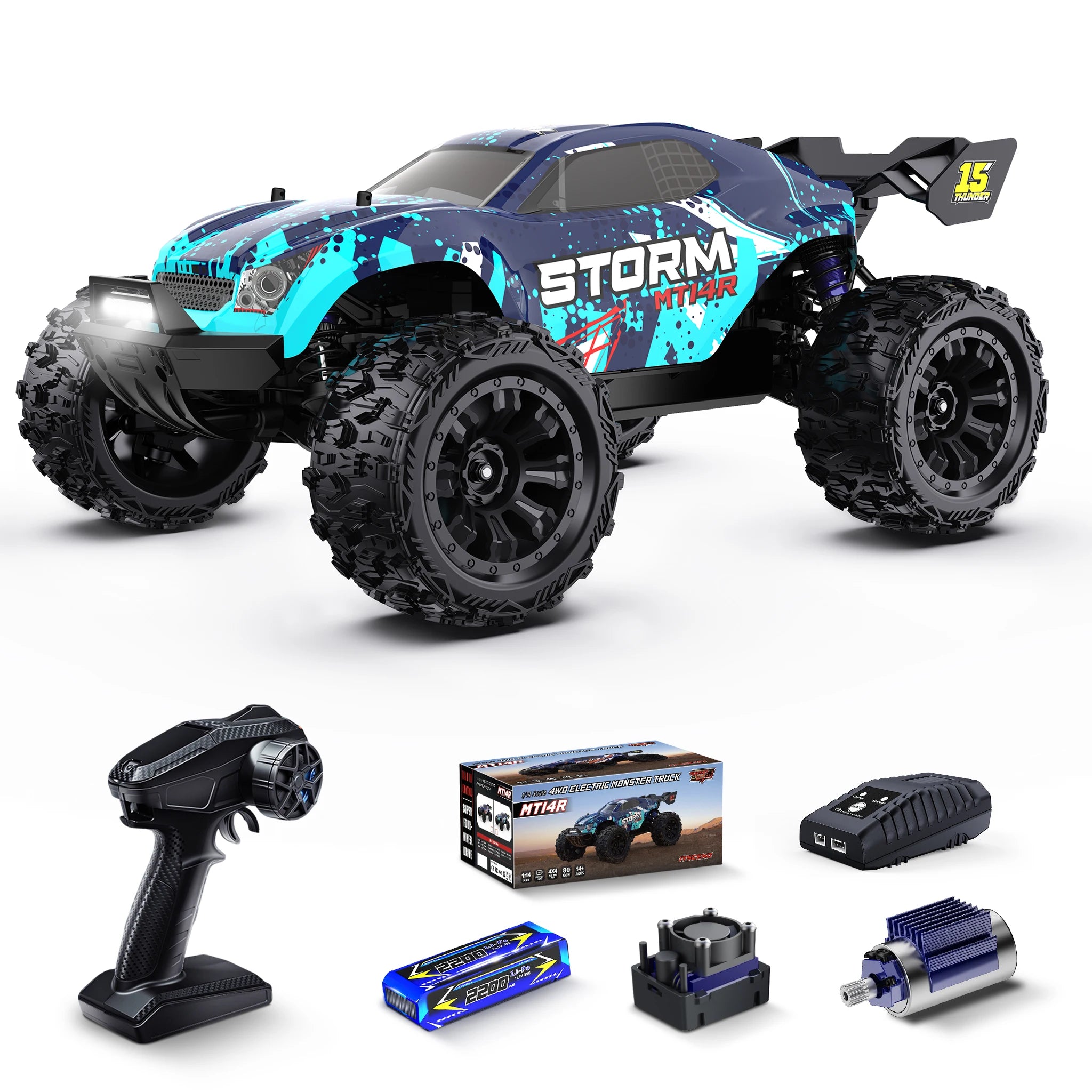 1/14 Scale Fast Brushless RC Truck 4X4 with 3S LiPo Battery-Includes 4 Spare Parts Kits LightBlue