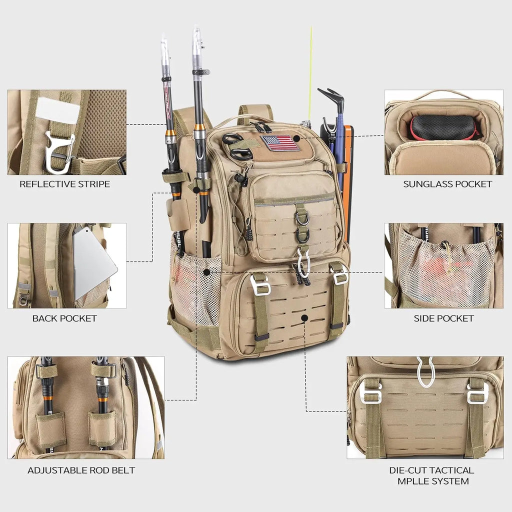 39L Fishing Tackle Backpack with Rod Holders & Cooler,Water-resistant,  Gear Storage Bag