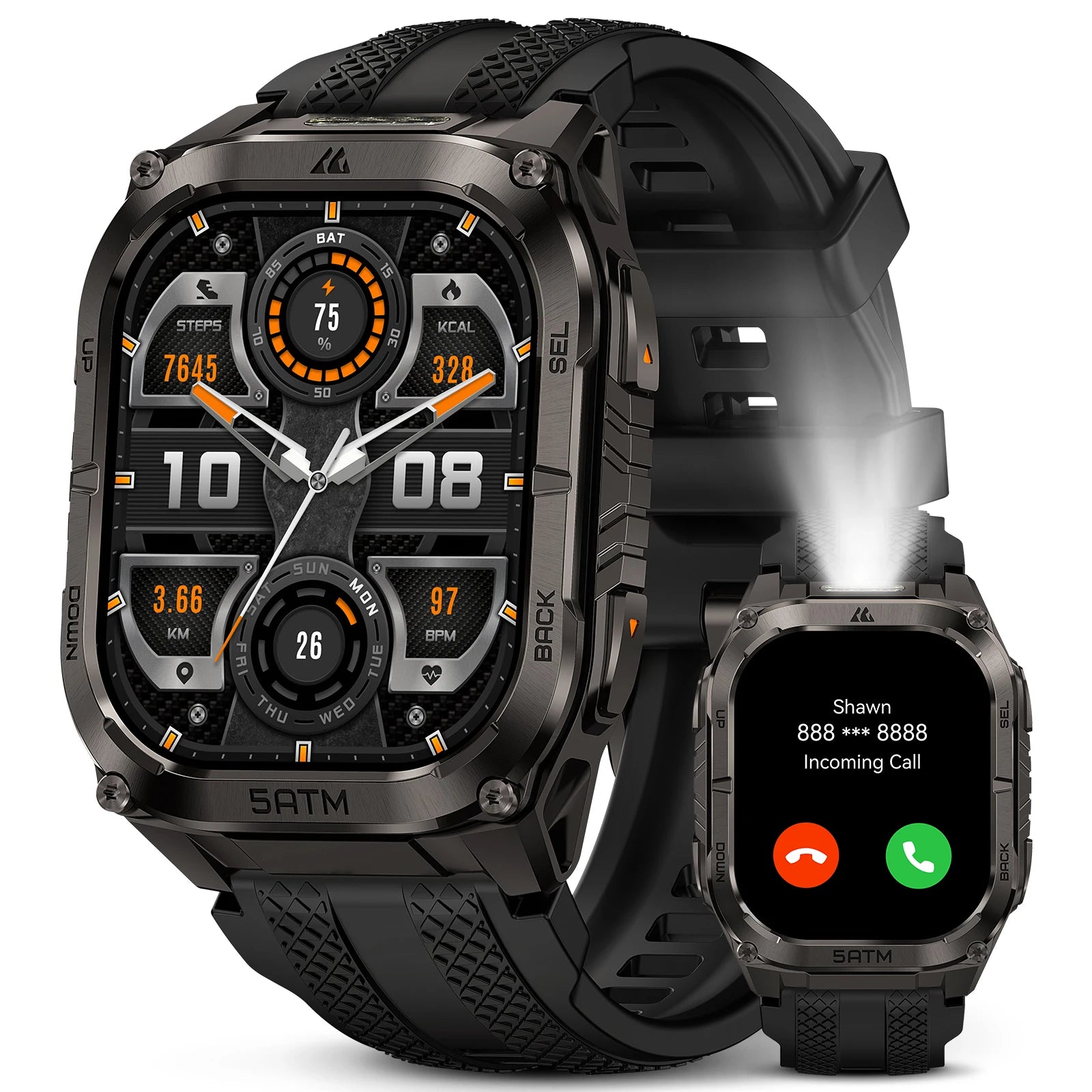 Rugged Smartwatch for Men Military-Grade GPS Watch with Flashlight 5ATM Waterproof Health & Fitness Tracker