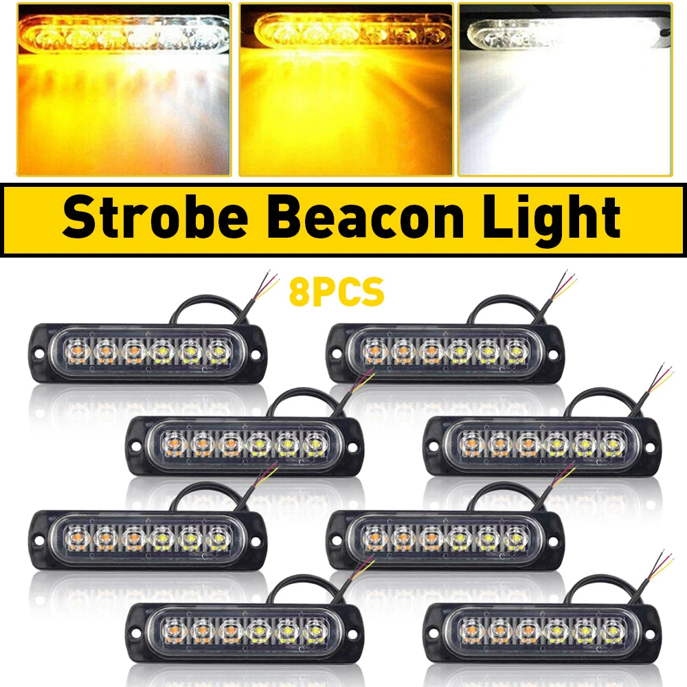 8Pcs Amber White 6LED  Emergency Beacon And Warning Hazard Flash Strobe Light 12V-24V For Use as Camping LED Lamp