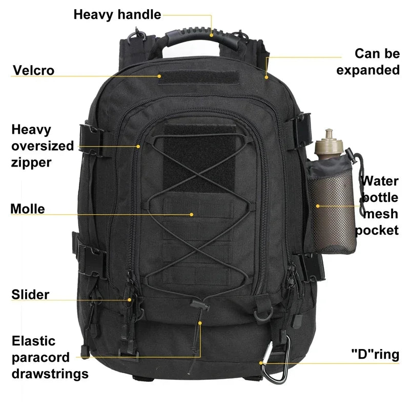 Extra Large 60L Tactical Water Resistant Backpack For Men & Women, For Camping, Fishing, Hiking, Travel & Laptop