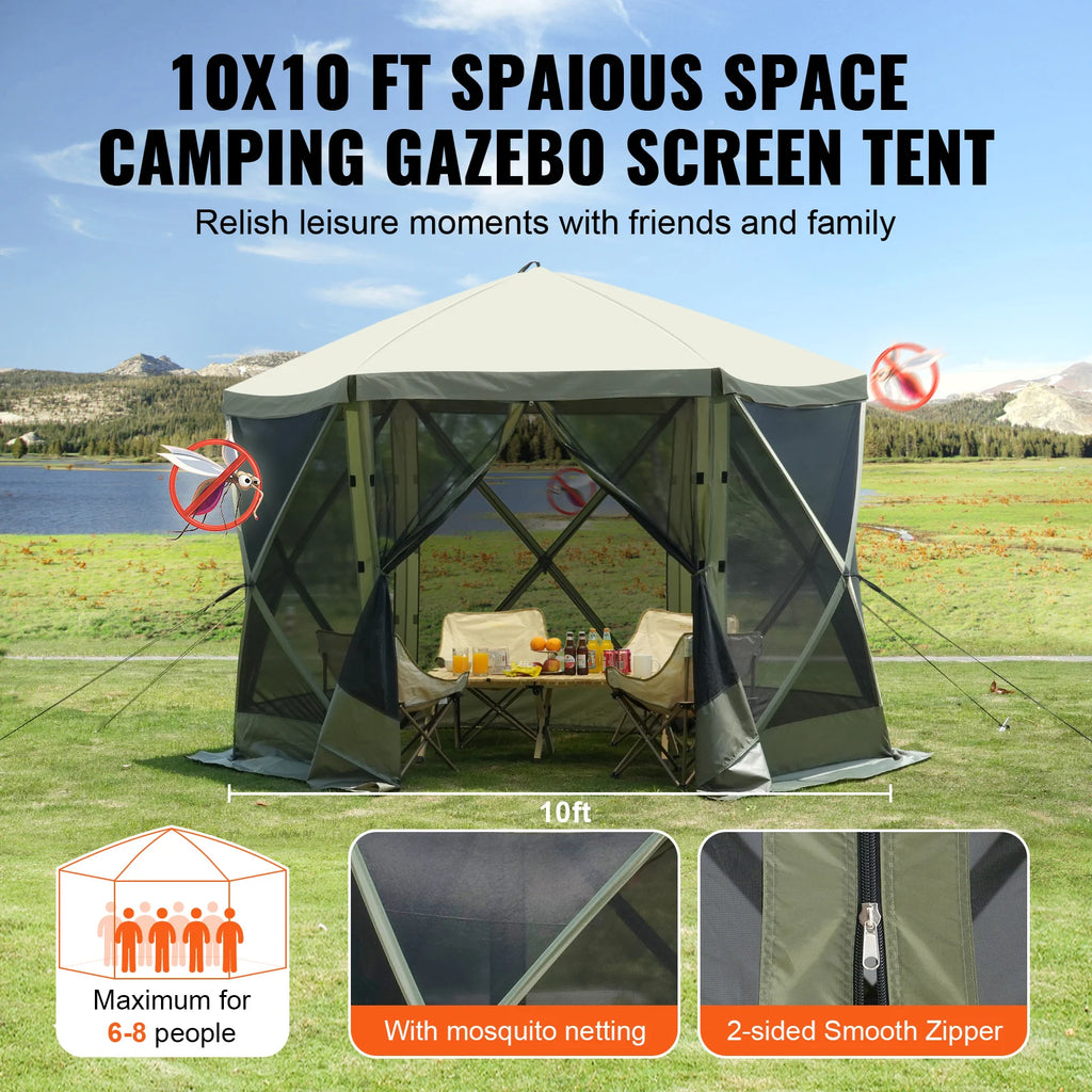 Pop Up Gazebo Tent Pop-Up Screen Tent 6 Sided Canopy Sun Shelter with 6 Removable Privacy Wind Cloths & Mesh Windows