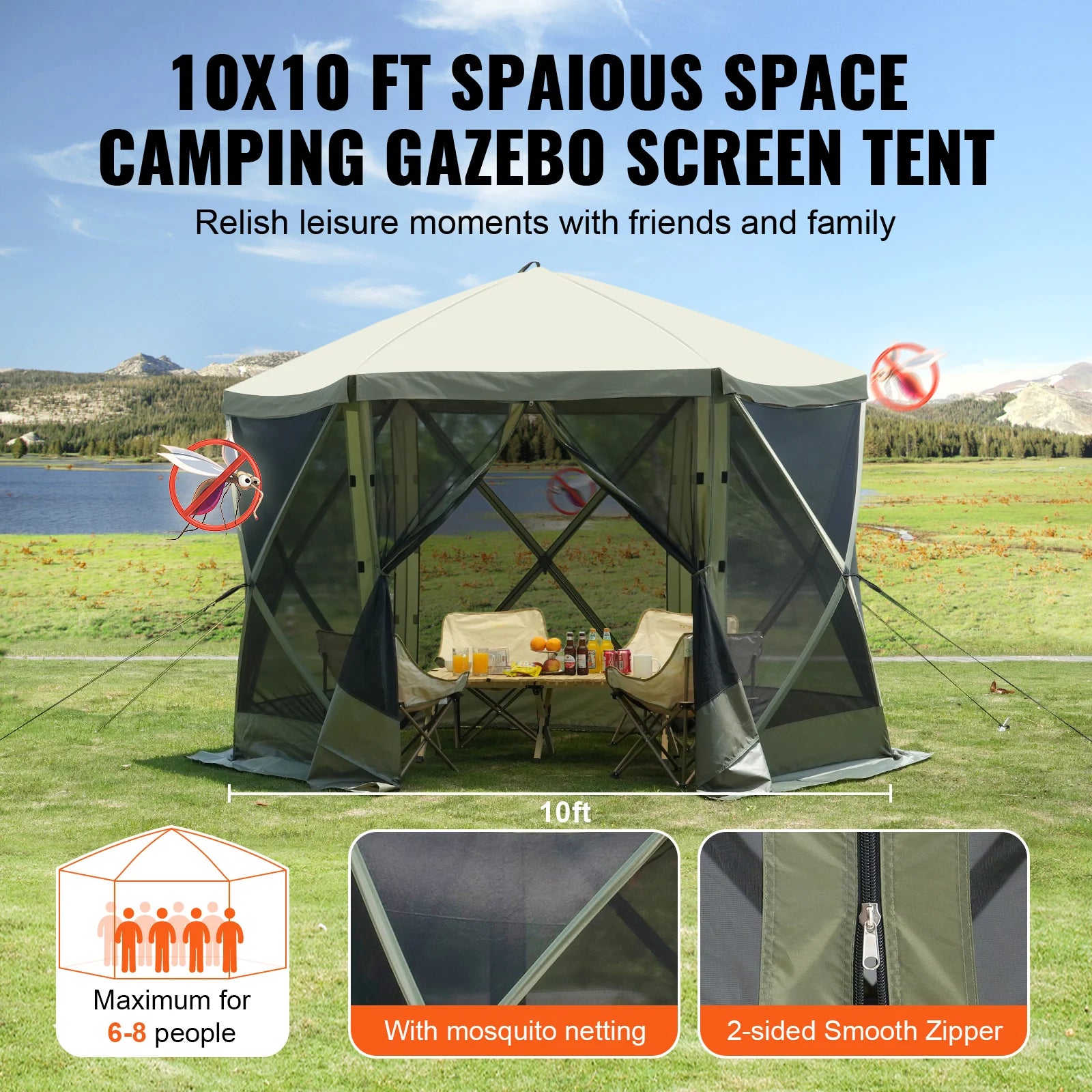 Pop Up Gazebo Tent Pop-Up Screen Tent 6 Sided Canopy Sun Shelter with 6 Removable Privacy Wind Cloths & Mesh Windows