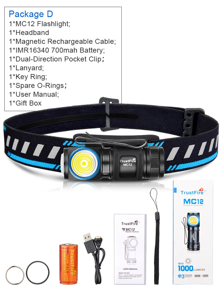 EDC Powerful LED Headlamp 1000Lumens Magnetic Rechargeable Head Lamp XP-L HI Camping Torch Flashlight