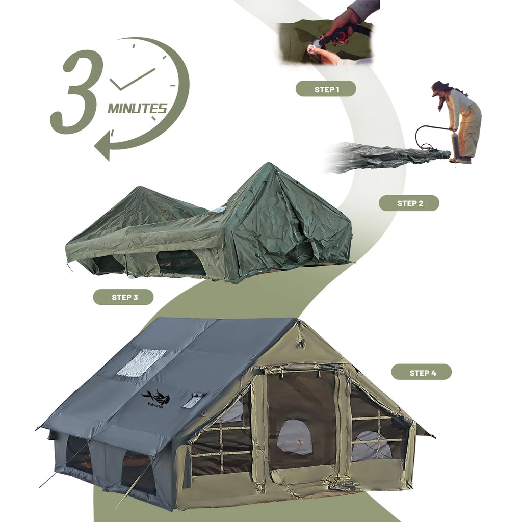 Large Luxury Inflatable Glamping Tent with Manual Hand Pump, Easy Setup 4 Season Anti-Snow Spacious Family Shelter, Weatherproof Air Tent for Outdoor Camping, Backyard Party & Wilderness Adventure