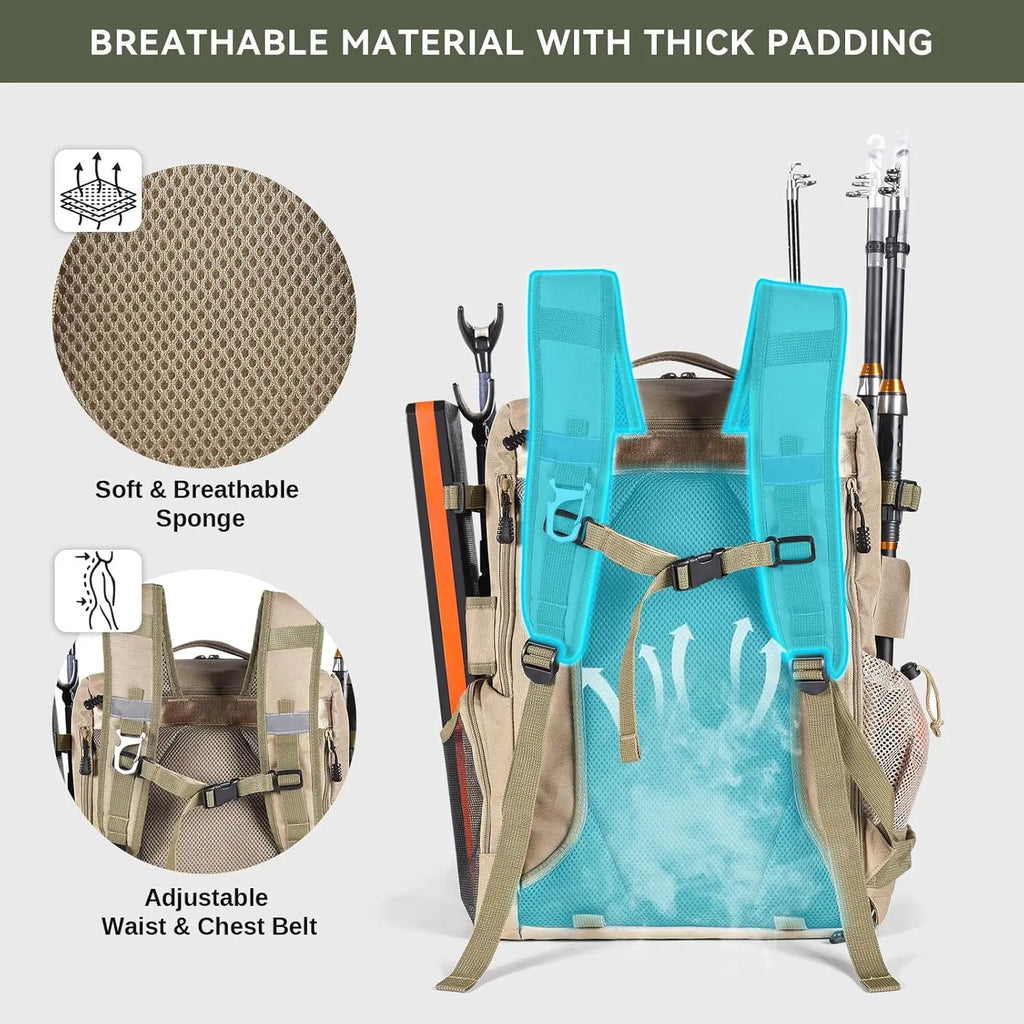 39L Fishing Tackle Backpack with Rod Holders & Cooler,Water-resistant,  Gear Storage Bag