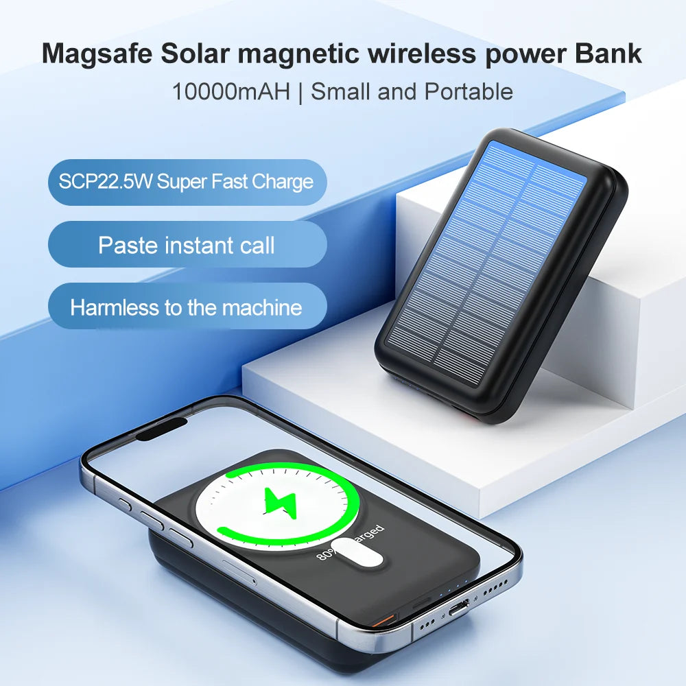 Solar Power Bank 10000mAh-15W WirelessCharging & 20W PD Fast Charge | Portable Solar Charger for iPhone 16/15/14/13/12