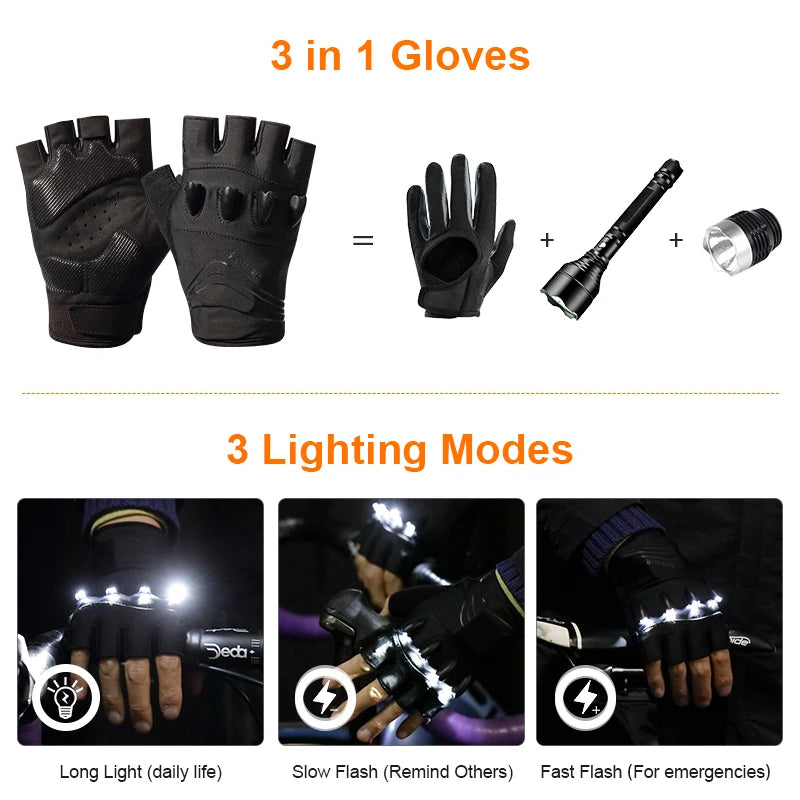 LED Gloves Mountain Hiking Cycling Fishing Outdoor Night Sports Anti Slip Lighting Touch Screen Half Finger Men Green