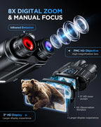 4K Night Vision Binoculars for Adults, 64GB Memory Card 3inch Screen 8X Digital Zoom With Tactical Light, 5000mAh Rechargeable Gear for Hunting & Camping, Infrared Vision Night Goggle, Gifts for Men Husband Dad
