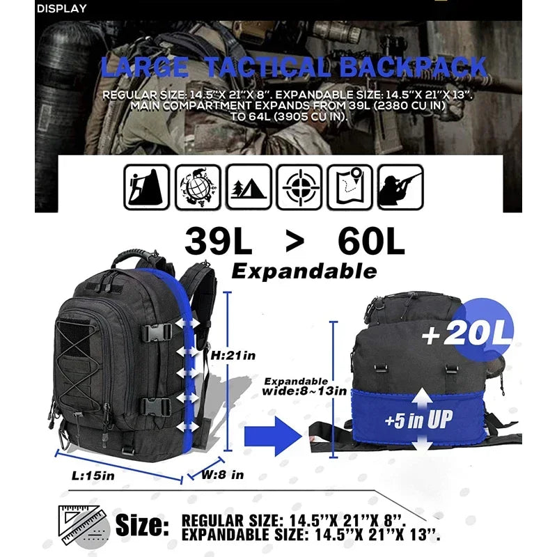 Extra Large 60L Tactical Water Resistant Backpack For Men & Women, For Camping, Fishing, Hiking, Travel & Laptop
