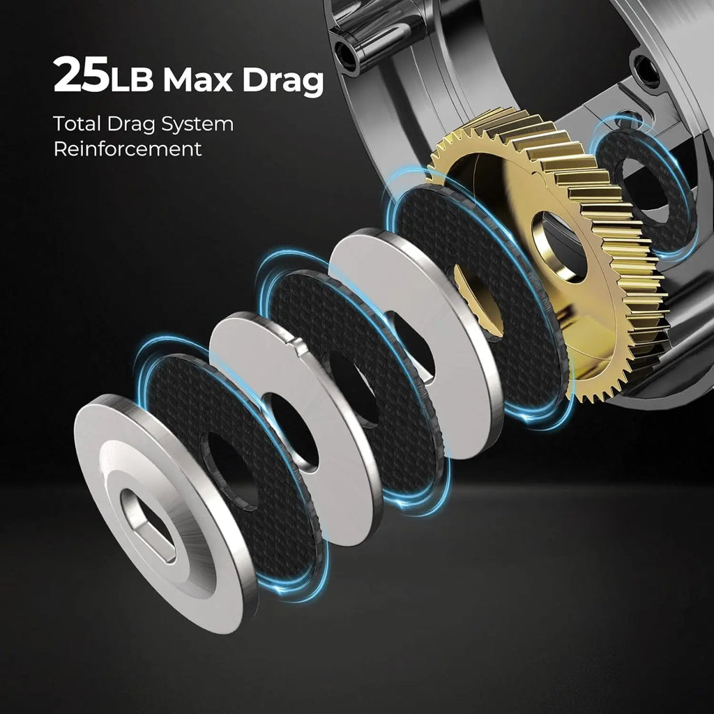 Baitcasting Fishing Reel, CNC Machined Body Round With 25LB Max Drag, Waterproof