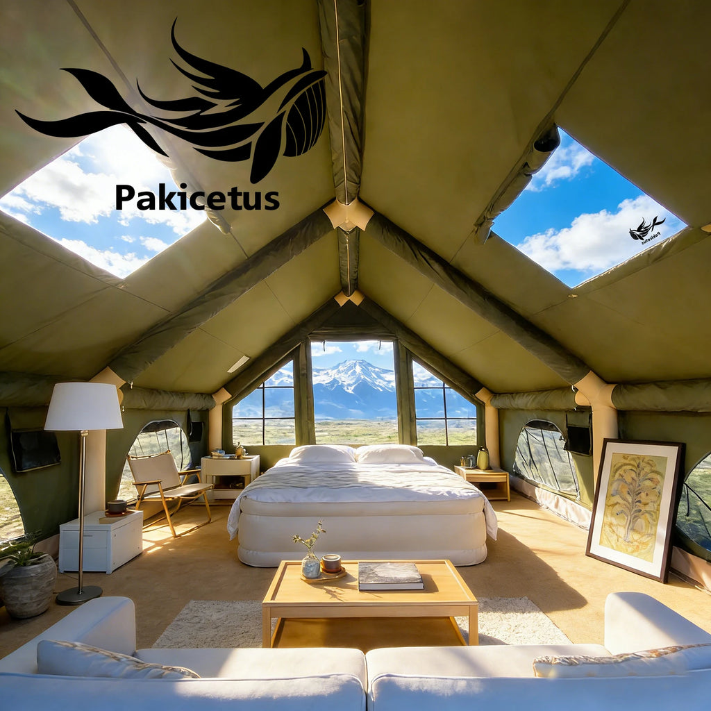 Large Luxury Inflatable Glamping Tent with Manual Hand Pump, Easy Setup 4 Season Anti-Snow Spacious Family Shelter, Weatherproof Air Tent for Outdoor Camping, Backyard Party & Wilderness Adventure