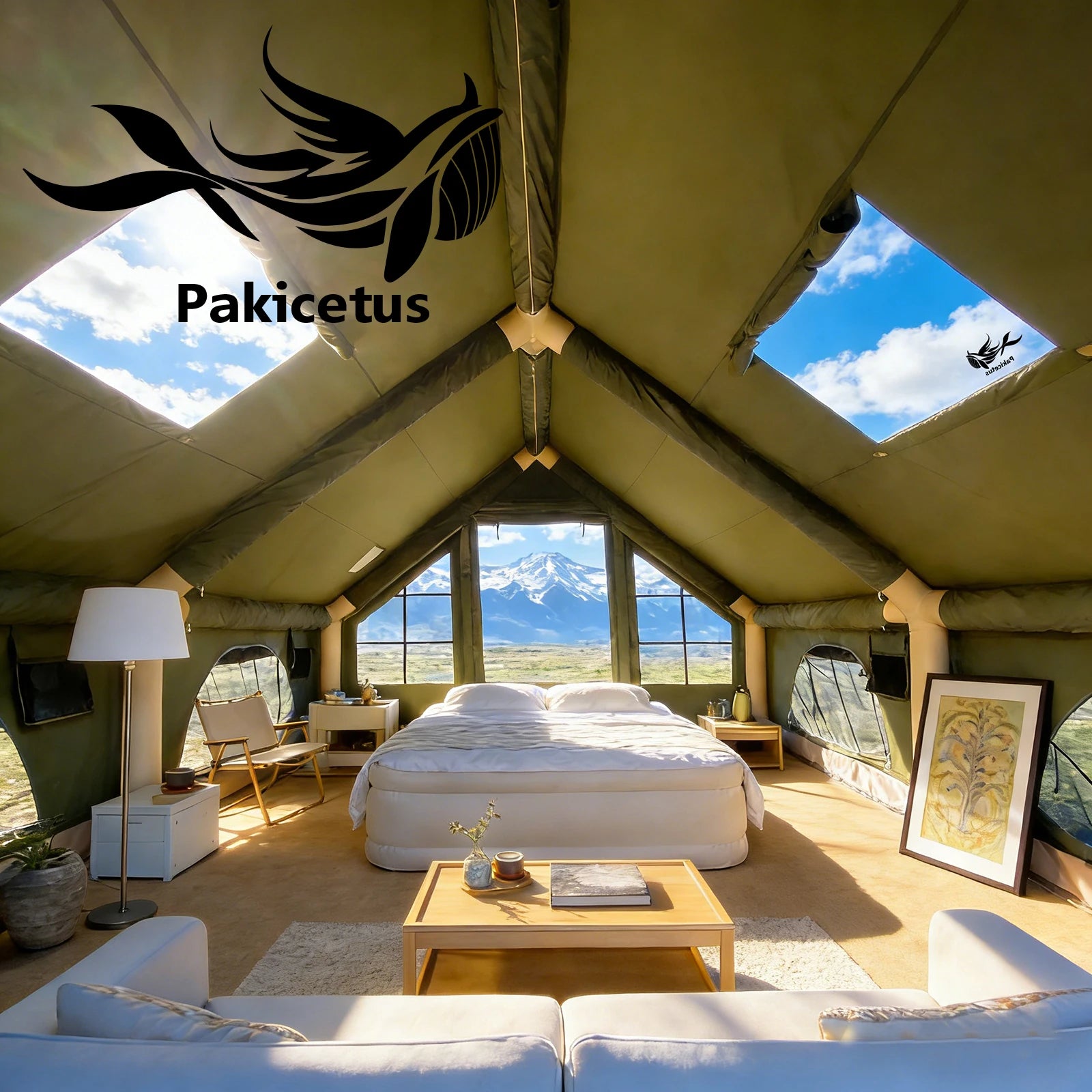 Large Luxury Inflatable Glamping Tent with Manual Hand Pump, Easy Setup 4 Season Anti-Snow Spacious Family Shelter, Weatherproof Air Tent for Outdoor Camping, Backyard Party & Wilderness Adventure