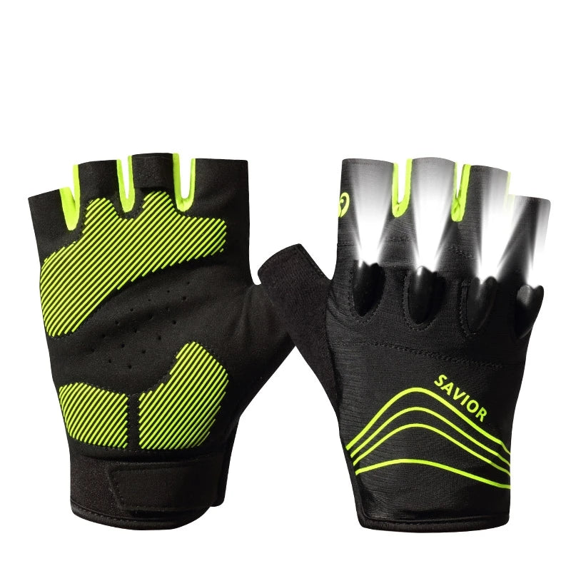 LED Gloves Mountain Hiking Cycling Fishing Outdoor Night Sports Anti Slip Lighting Touch Screen Half Finger Men Green