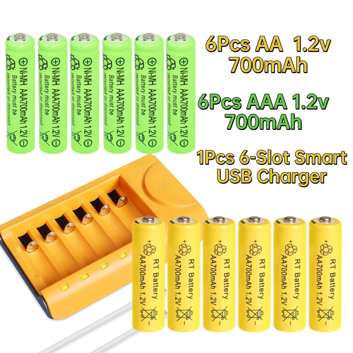 30pcs/24pcs/18pcs/12pcs/6pcs AA AAA NiMh 1.2V 700mah Rechargeable Battery Set with 6 Slot Charger