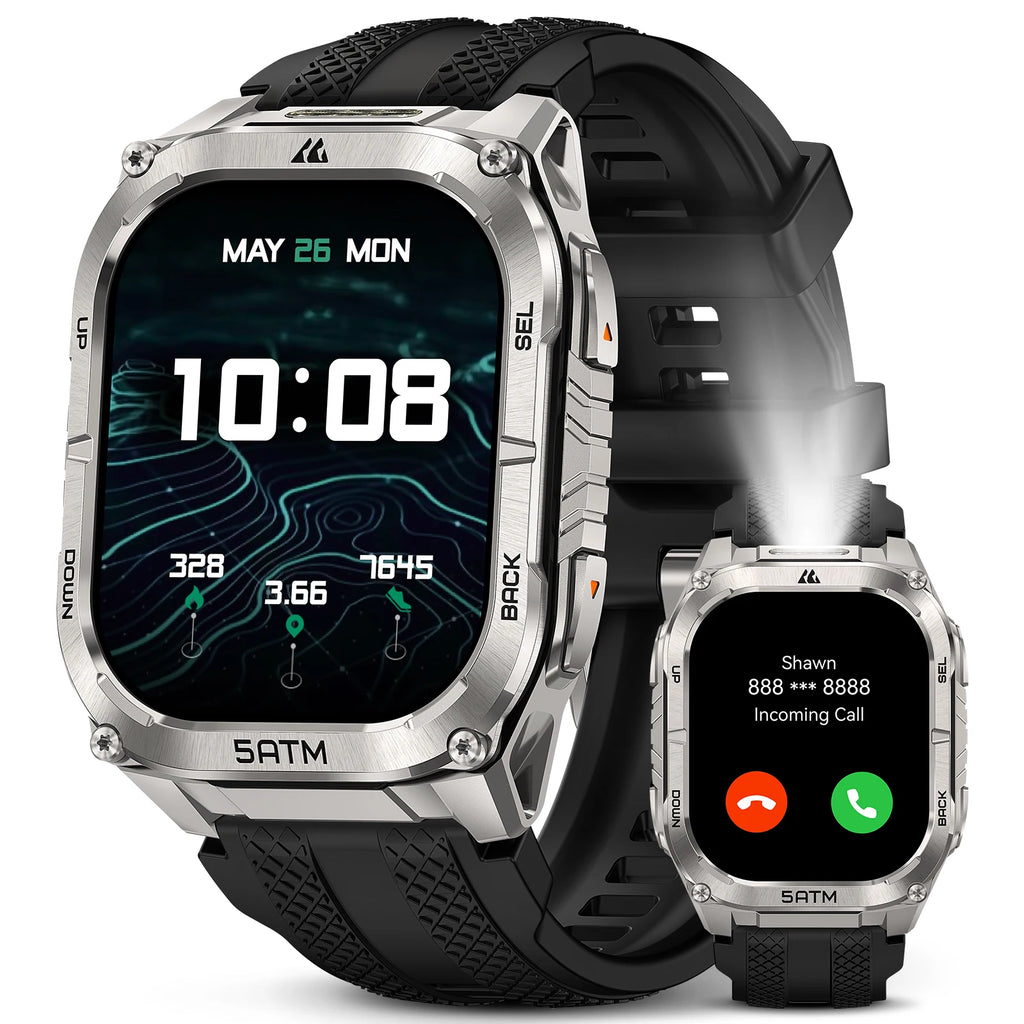 Advanced GPS Smartwatch for Men MIL-STD-810H Tough 5ATM Waterproof Integrated Flashlight & Health Tracking