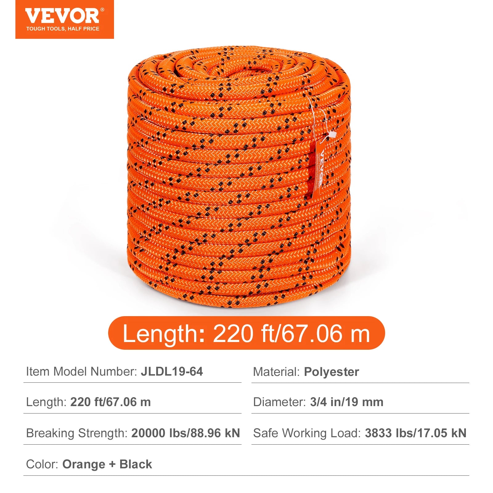 220ft Dual-Weave Polyester Rope 48-Strand Outdoor Accessories Emergency Cord for Camping Swinging Rappelling Rescue
