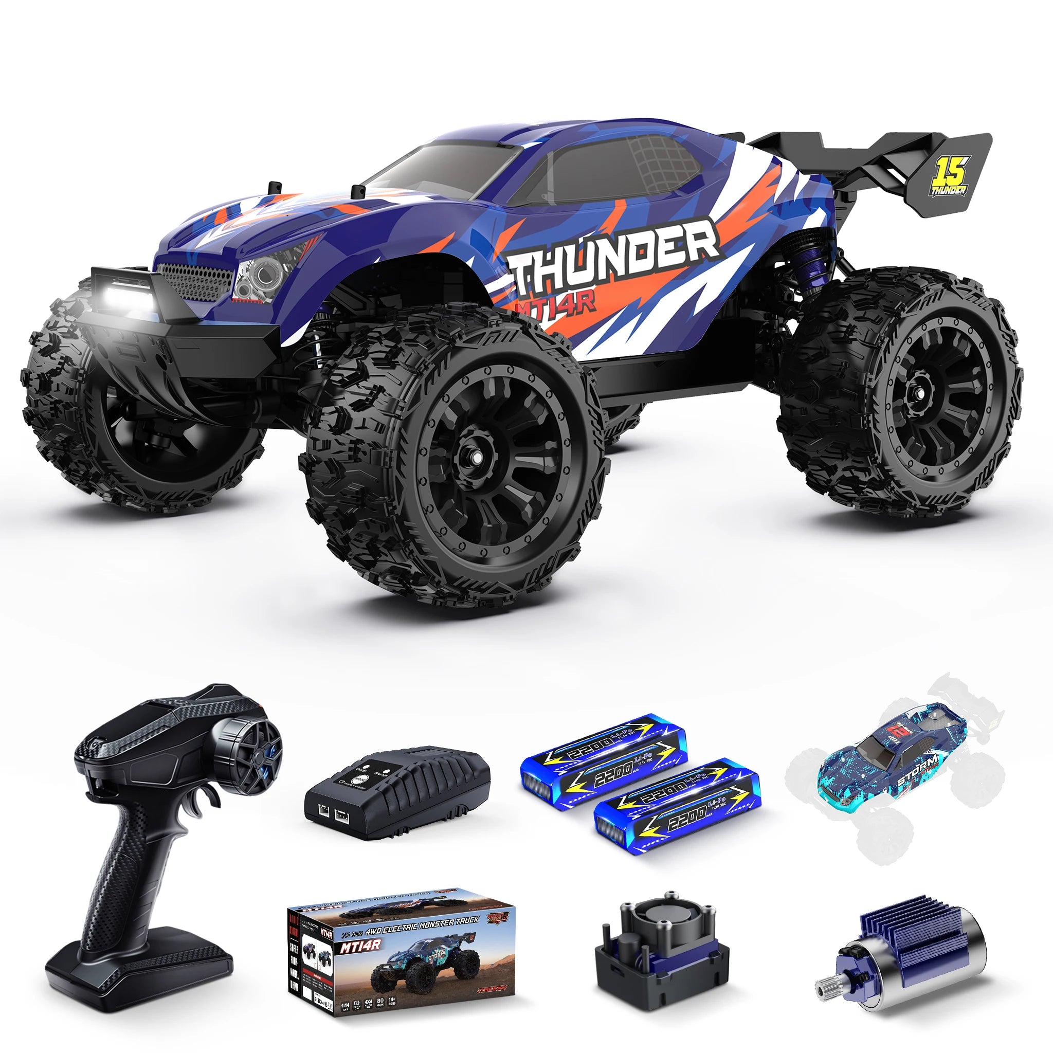 1/14 Scale Fast Brushless RC Truck 4X4 with 3S LiPo Battery-Includes 4 Spare Parts Kits LightBlue