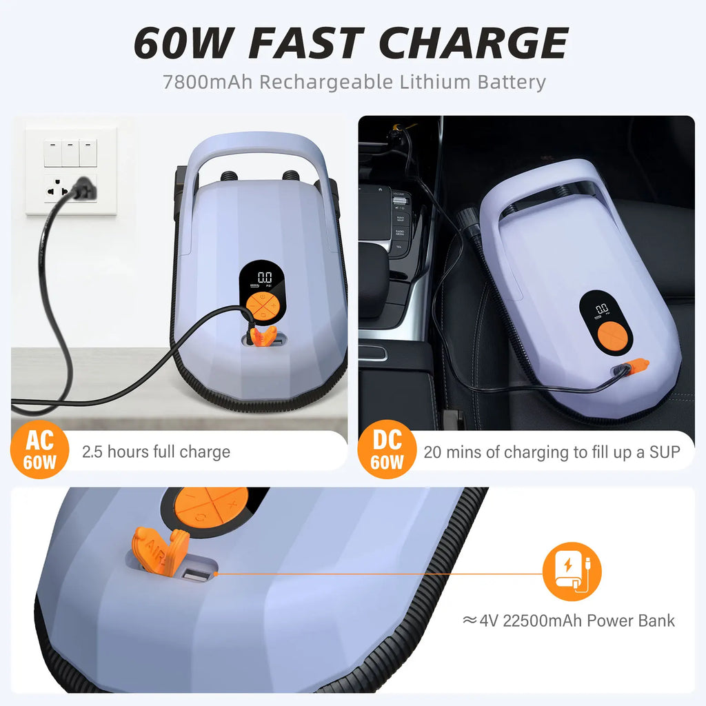 Electric Air Pump with Battery 7800 mAh 20 PSI Max Rechargeable 12 V DC Car Connection Pump for Boards, Surf Kite