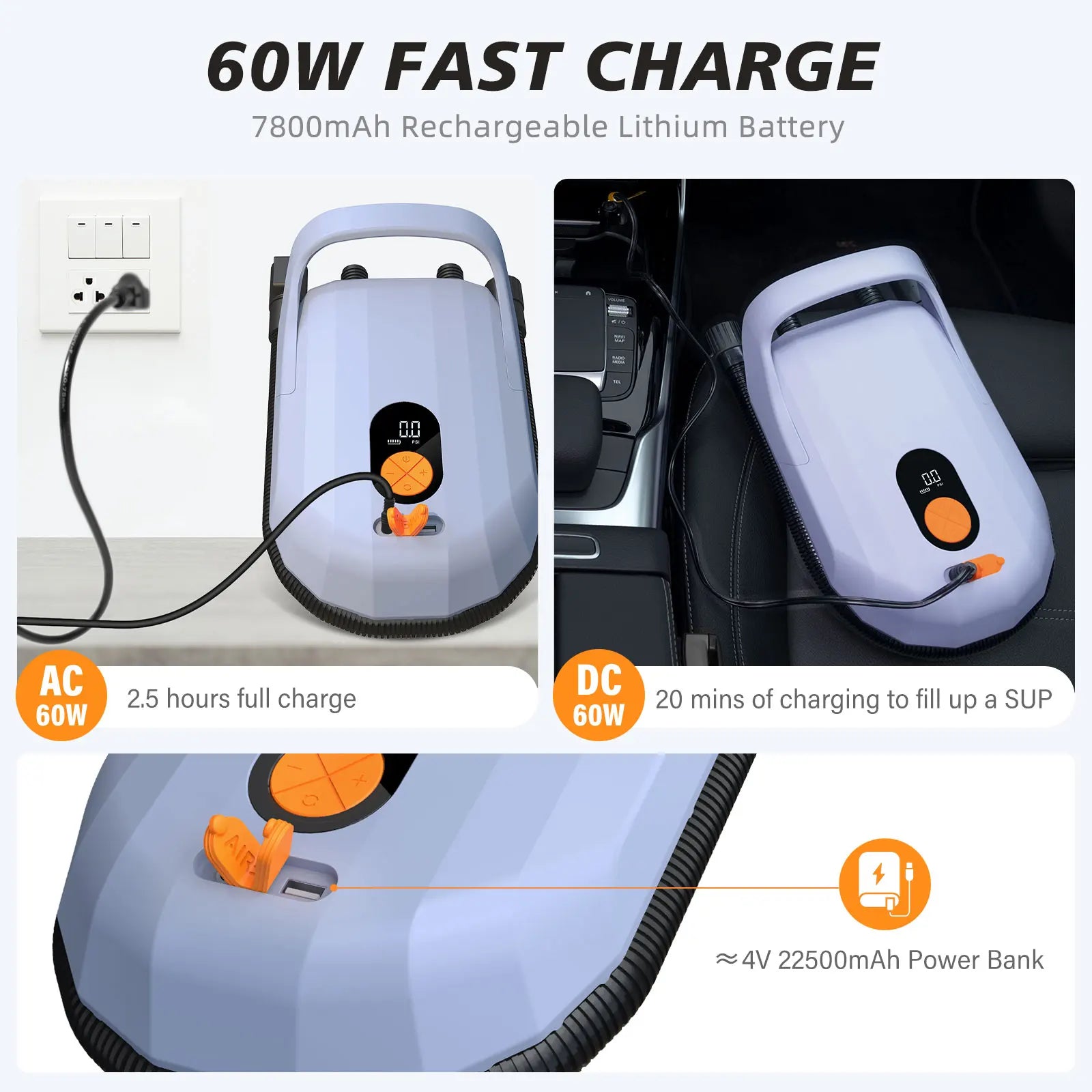 Electric Air Pump with Battery 7800 mAh 20 PSI Max Rechargeable 12 V DC Car Connection Pump for Boards, Surf Kite