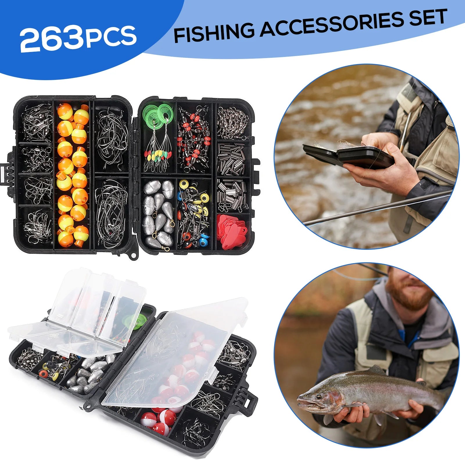 263pcs Fishing Accessories Set with Tackle Box. Includes Pliers, Jigs, Hooks, Sinker Weights, Swivels, Snaps, Bobs, And  Sinker Slides