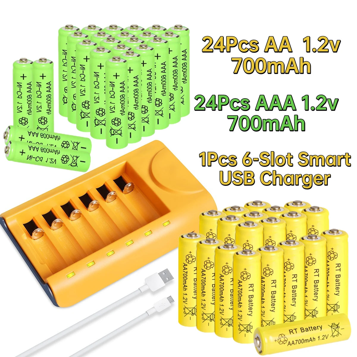 30pcs/24pcs/18pcs/12pcs/6pcs AA AAA NiMh 1.2V 700mah Rechargeable Battery Set with 6 Slot Charger