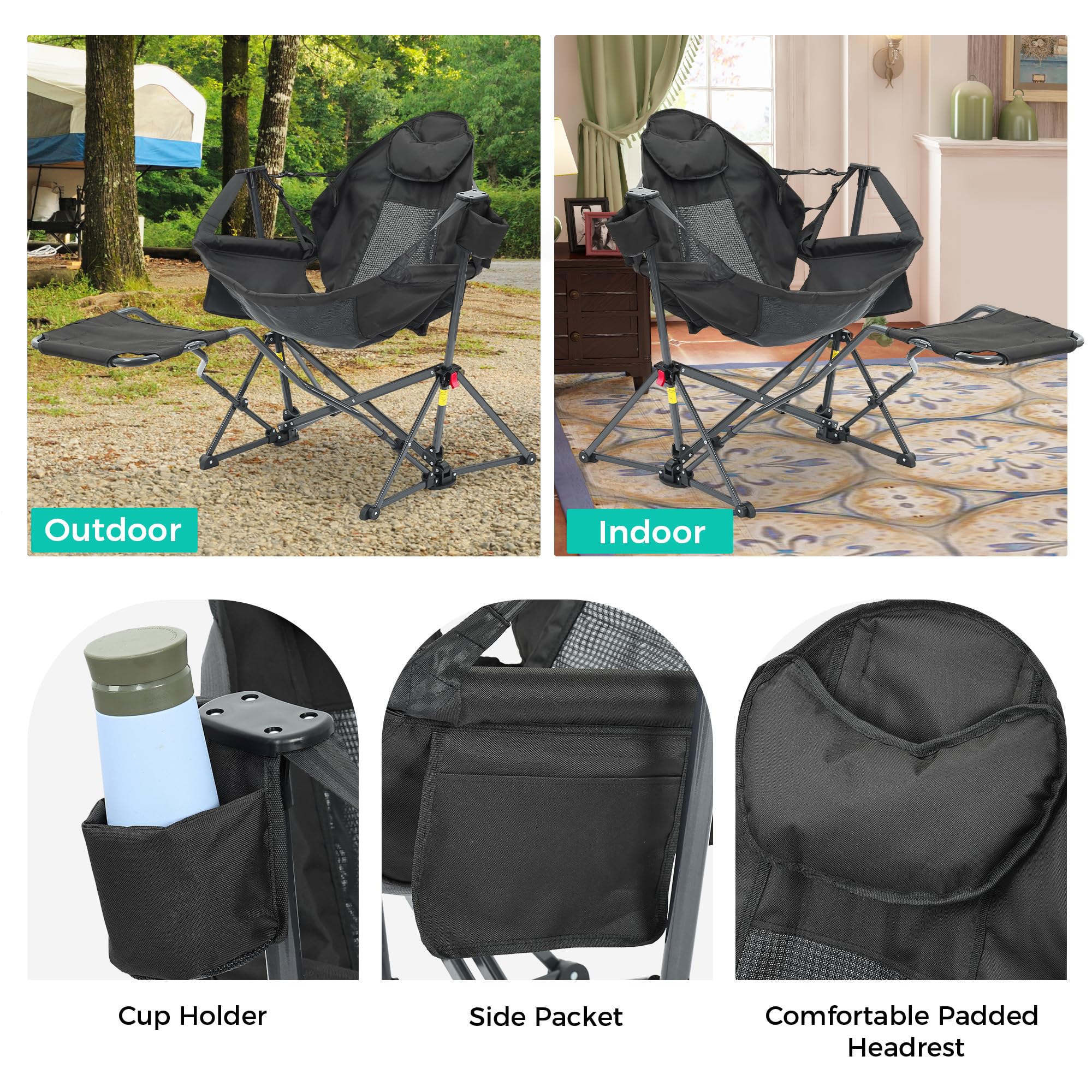 Ainfox Hammock Camping Chair with Footrest, Foldable Portable Rocking Chairs for Adults Outside Swinging Camp for Outdoor Patio Poolside