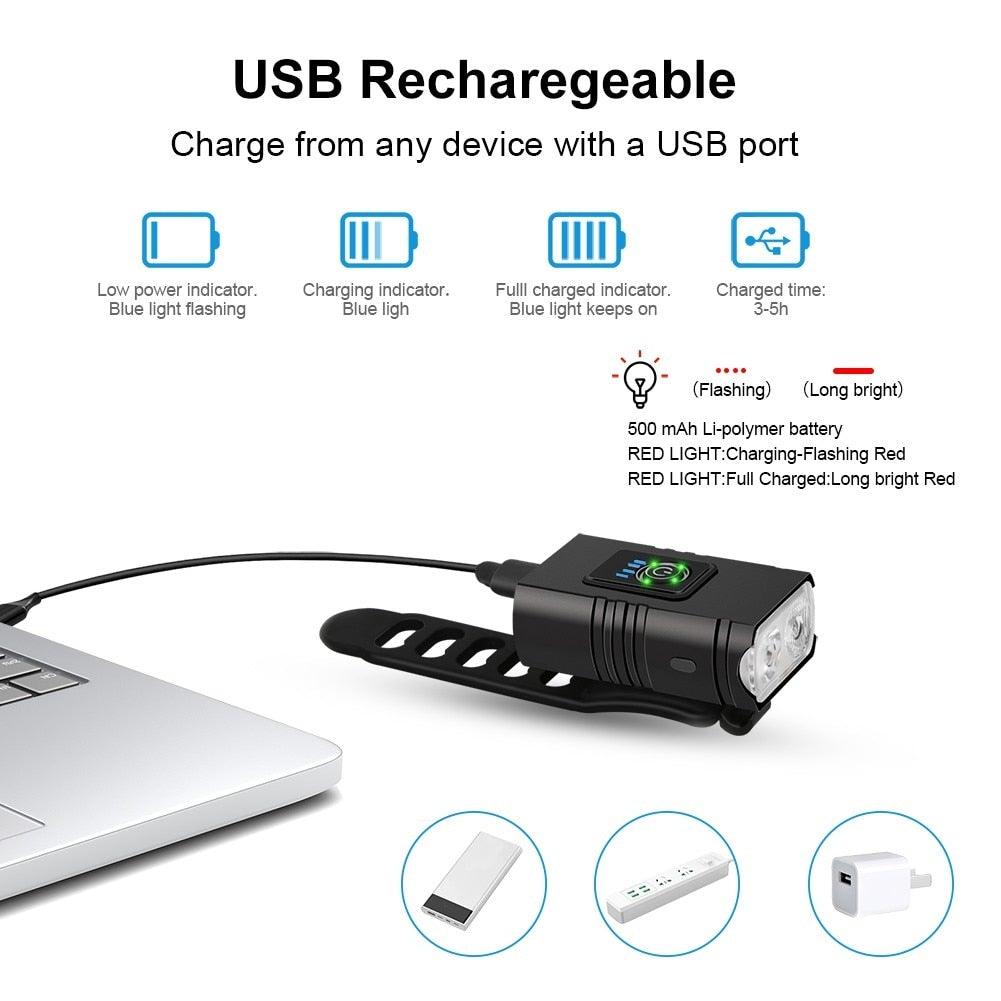 LED Bicycle Light Front USB Rechargeable 1000 Lumen Bike Front Lamp Mountain Bicycle Headlight Adjustable Lightness And Flashlight With Waterproof IPX5 And Large Capacity Battery
